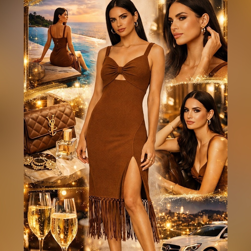 Adrianna Papell Brown Fringe Midi Dress NWT Size 8 Elegant Movement Chic